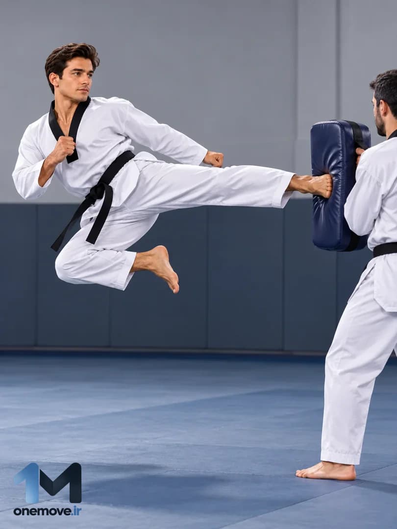 آموزش تیو یوپ چاگی تکواندو در OneMove؛ ضربه پهلو به پد در پرش با پای دیگر جمعشده زیر لگن